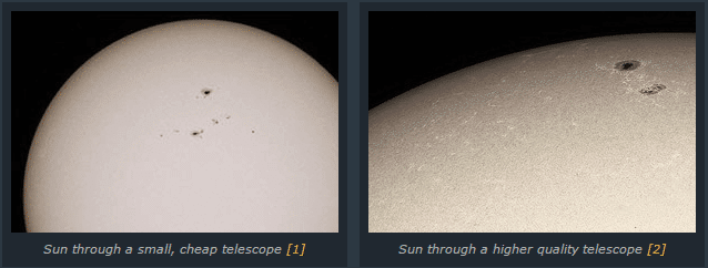 Trái qua phải: Mặt trời qua kính nhỏ, rẻ; Mặt trời qua kính chất lượng cao hơn